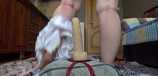  Chubby milf rides a dildo and shakes her juicy PAWG in shorts and big tits Homemade fetish masturbation